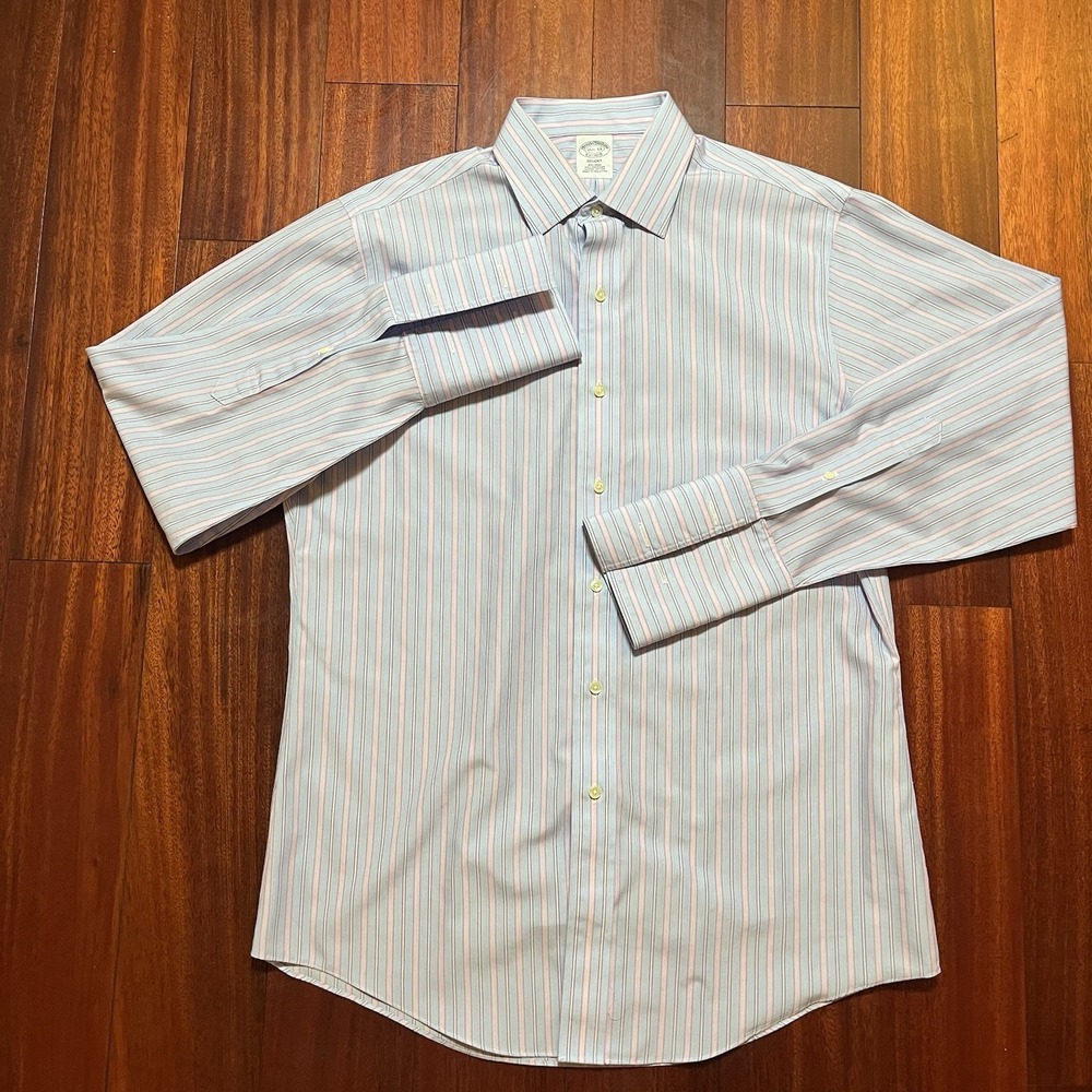 Brooks Brothers Shirt Mens 15.5 33 Blue Pink Plaid Striped Non-Iron French Cuff - Picture 2 of 10